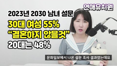 30대 여성 55% “결혼하지 않을것” 20대는 48%. 대한민국 미래는?